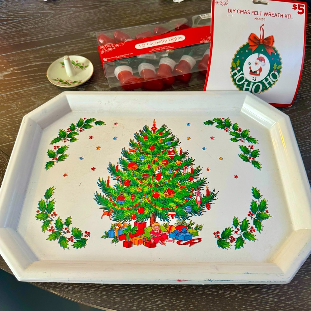 holiday lot grab bag of 4 items. One price for Tray, lights, dish & DIY wreath